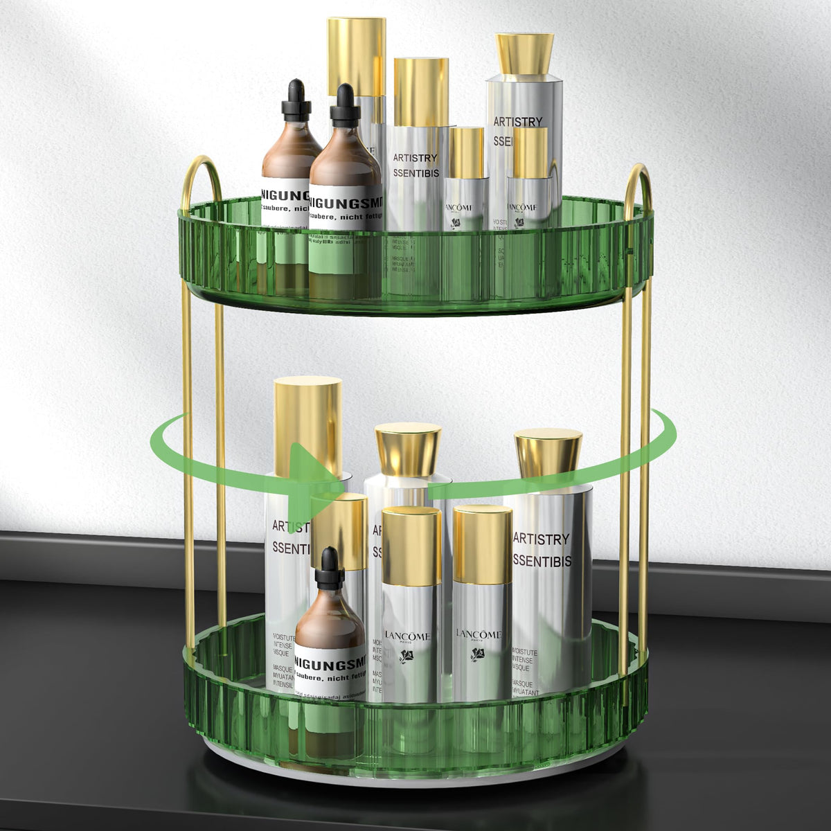 Laiwoo 360° Rotating Makeup Organizer - 2 Tier Green Perfume & Skincare Storage For Vanity