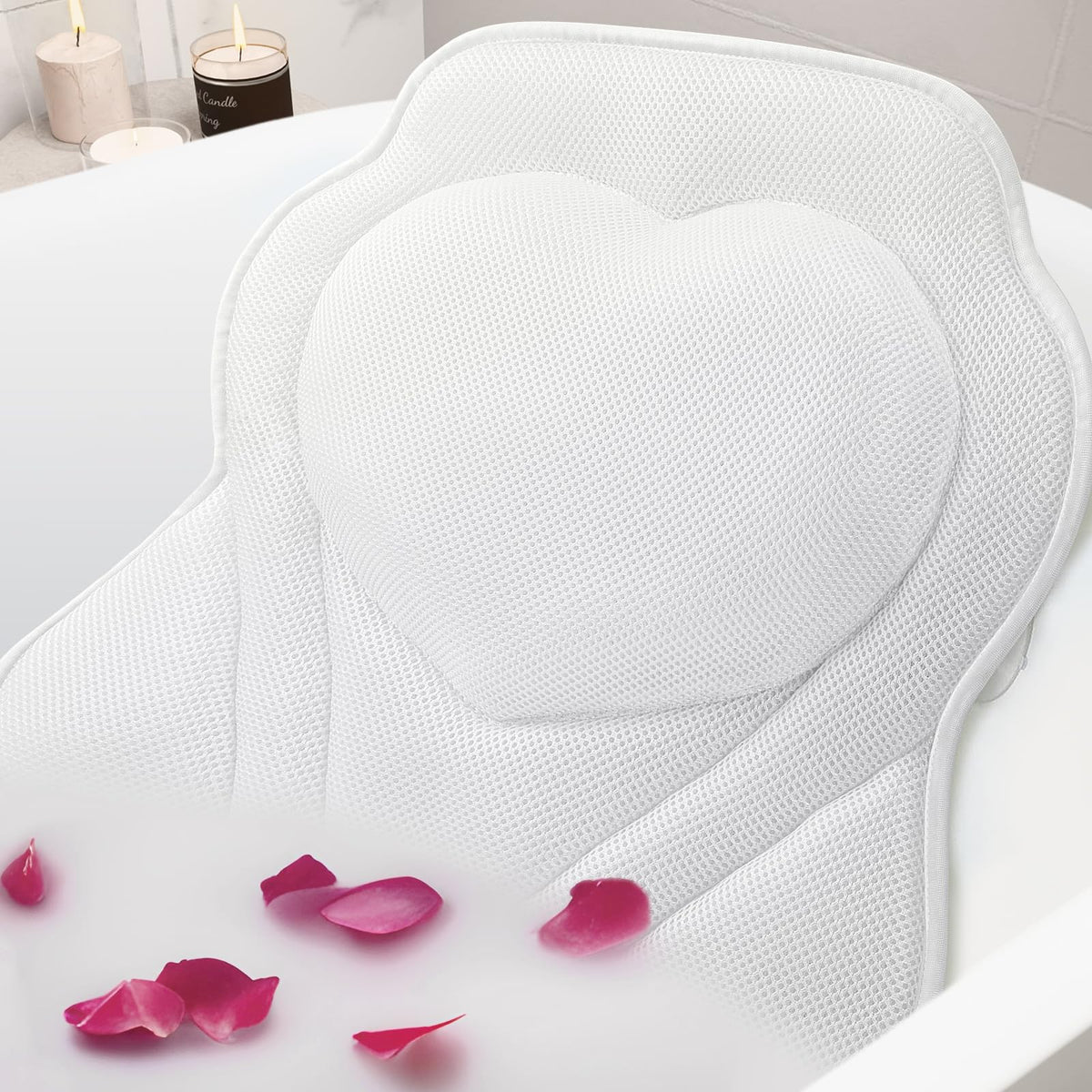 Luxstep Bath Pillow - Mesh Tub Pillow With 6 Suction Cups For Neck & Back Support, White