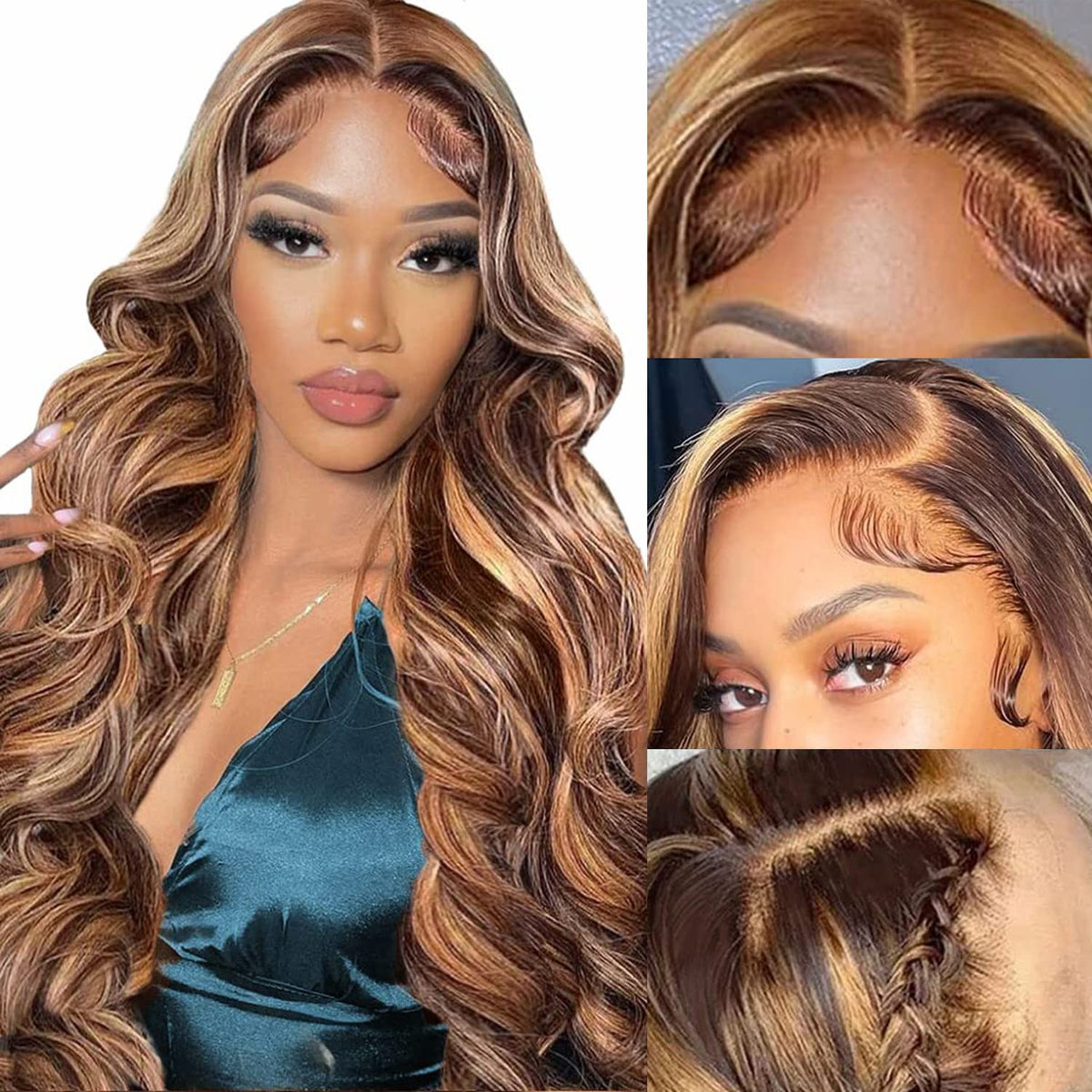 Aicrelery 30&quot; 13X6 Ombre Lace Front Wig Human Hair P4/27 Body Wave Pre Plucked With