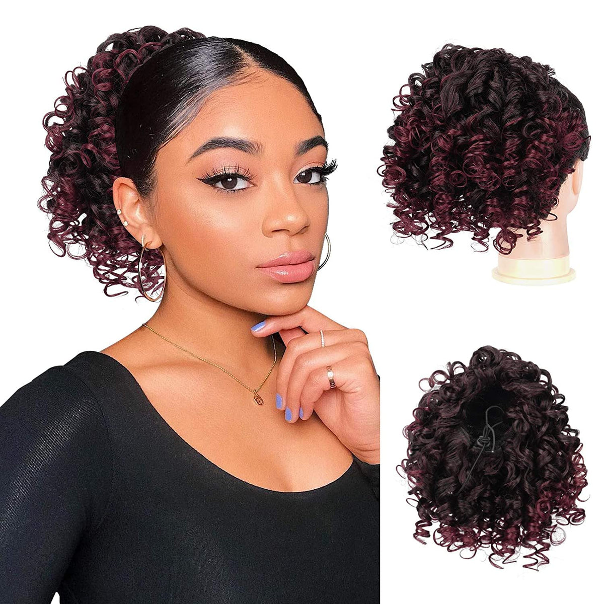 Peacoco 6 Inch Drawstring Ponytail Afro Kinky Curly Extensions For Black Women - T1B/Bug