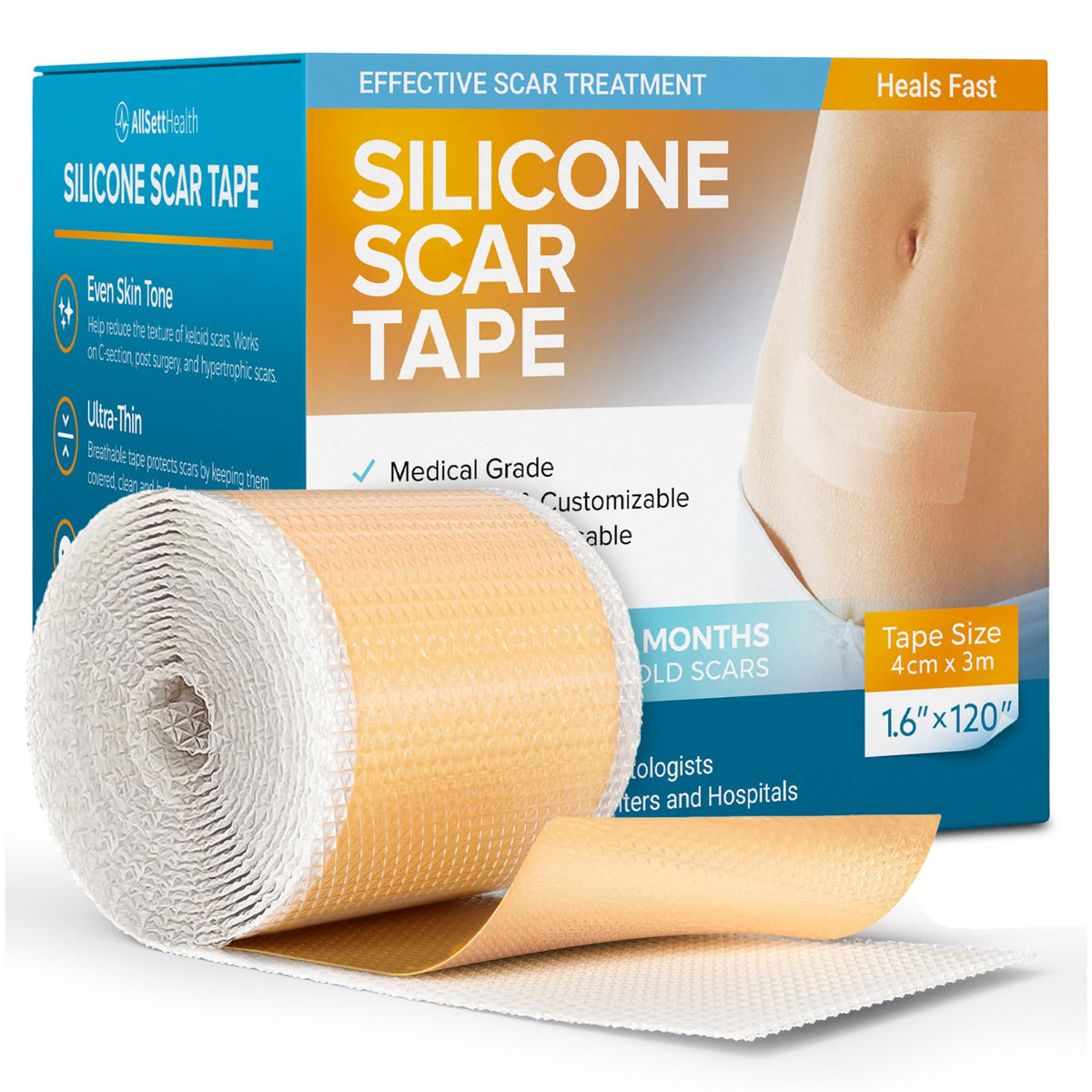 Allsett Health Silicone Scar Tape Sheets, 120” X 1.6”, Medical Grade For Scars & Burns