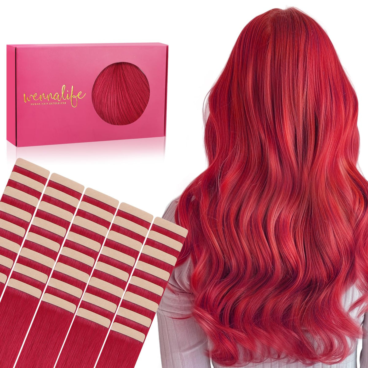 WENNALIFE 16&quot; Red Tape in Hair Extensions, 40pcs 100g Real Human Hair, Straight & Reusable