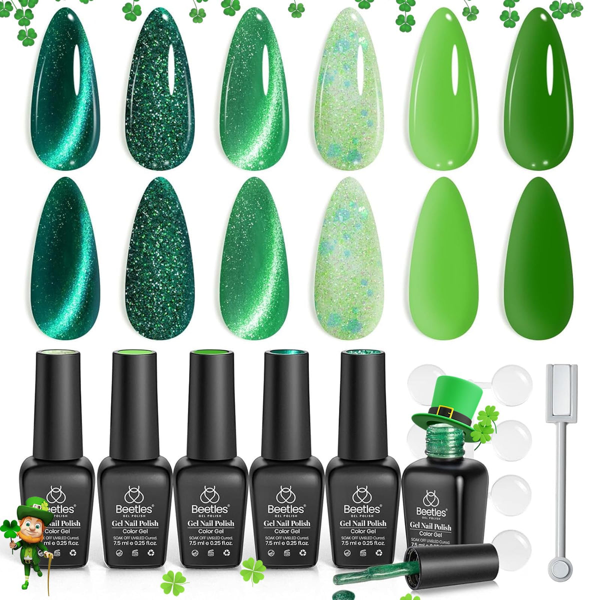 Beetles Green Gel Nail Polish Set - 6 Color Cat Eye Glitter For Diy Nail Art Manicure