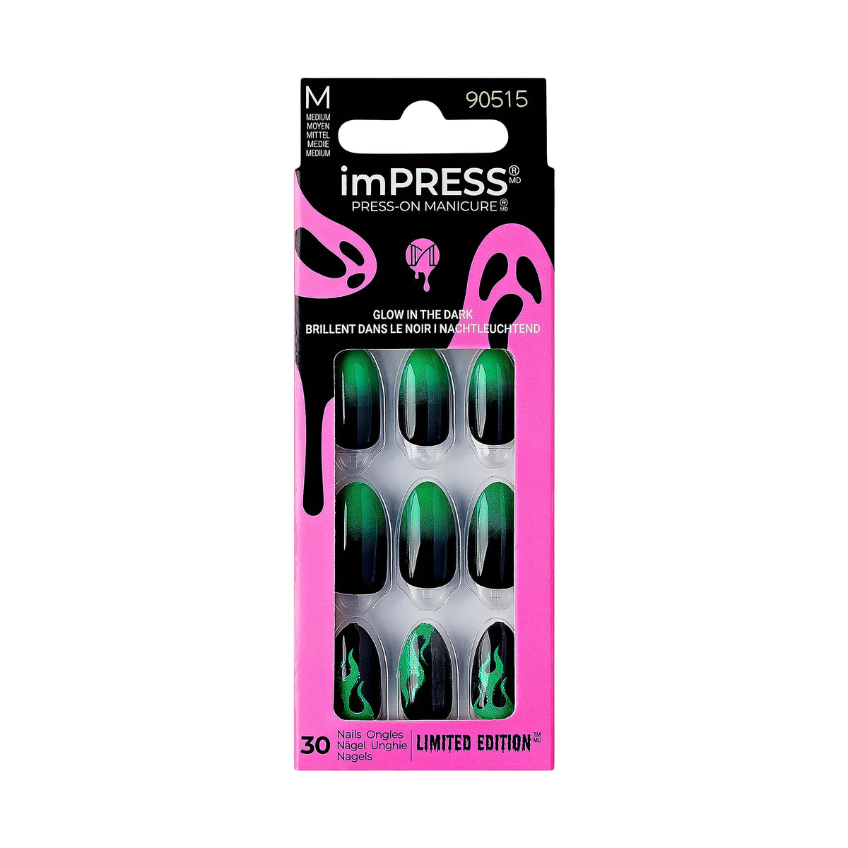 Impress Kiss Impress Press-On Manicure Halloween, Black Almond, Medium, Chip Proof, Waterproof