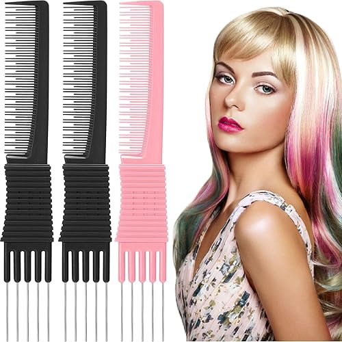 Leinuosen 3 Pack Teasing Combs with Metal Prong, Salon Back Combs in Black & Pink