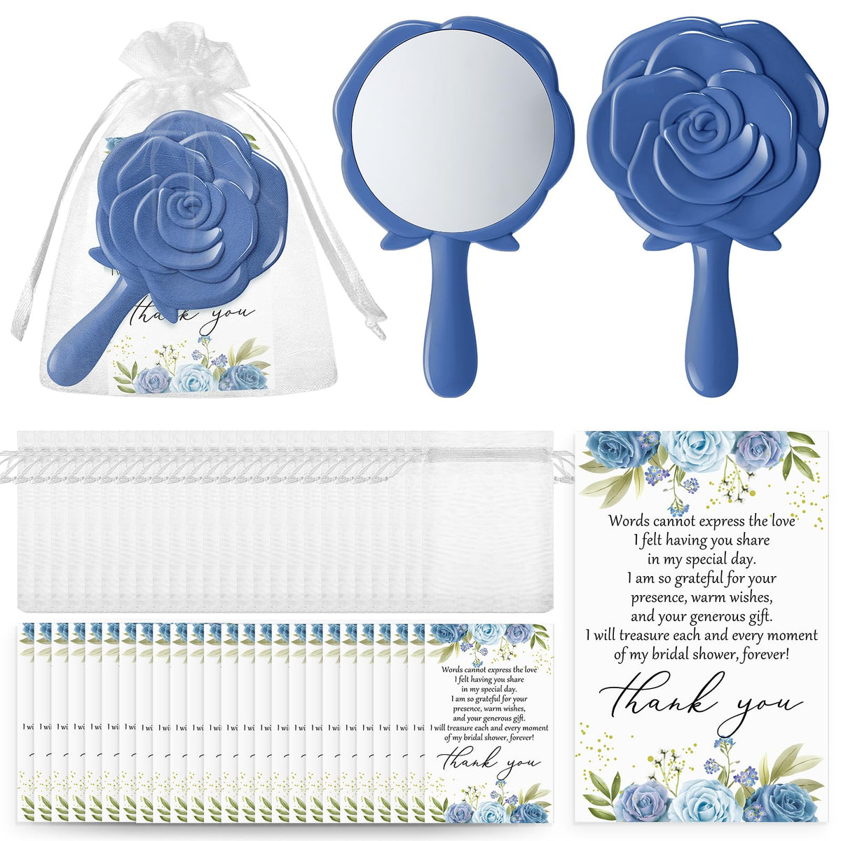 Wenqik Blue Bridal Shower Favors - 24 Rose Compact Mirrors With Thank You Cards & Organza Bags