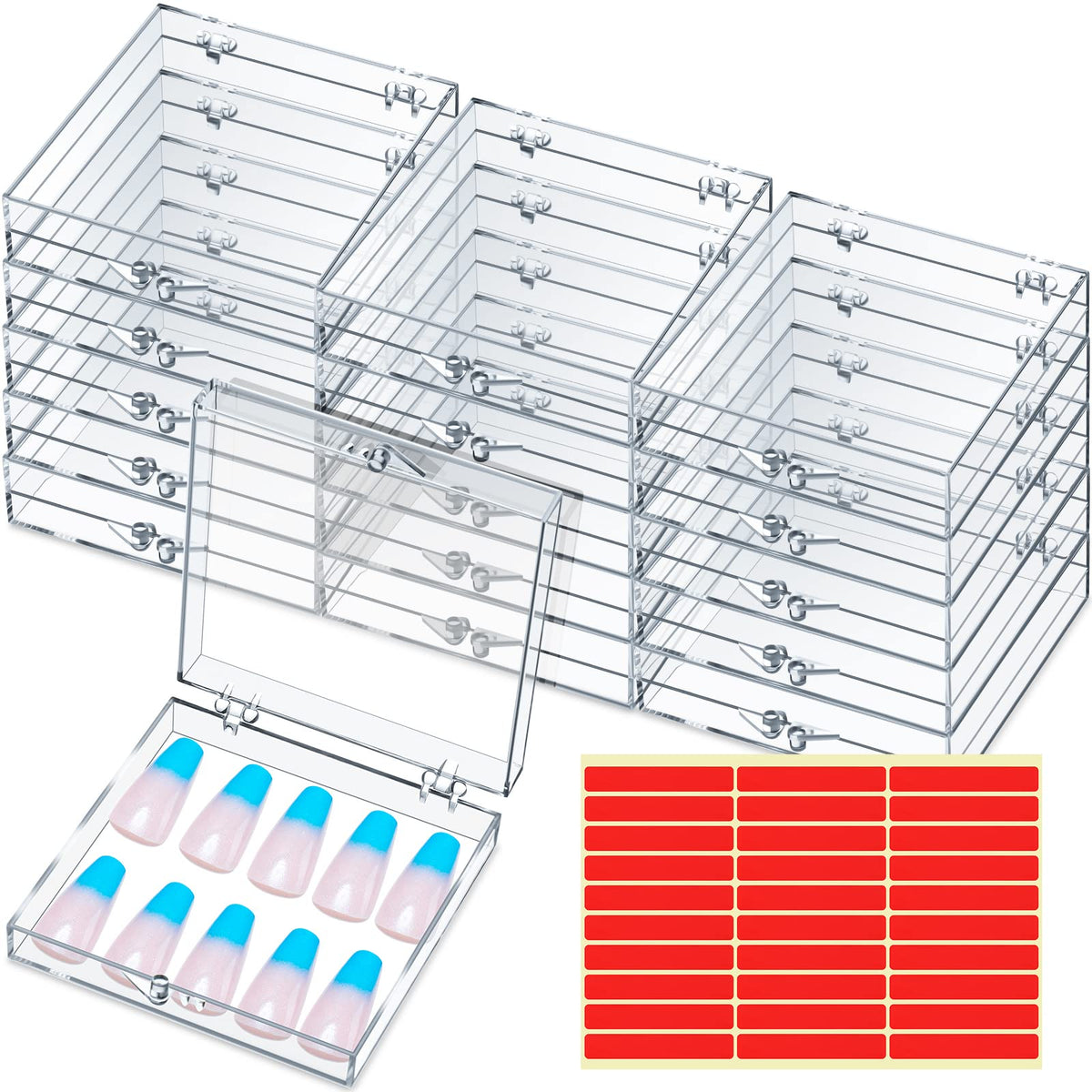 Landhoow 15 Pcs Clear Acrylic Press On Nail Display Case With Adhesive Tape Storage Organizer