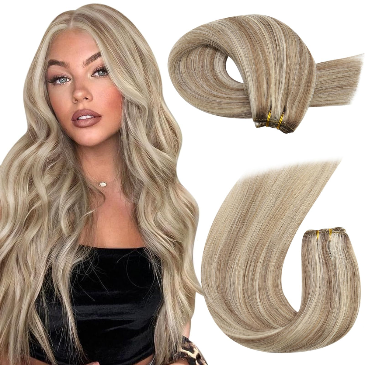 Moresoo 24&quot; Sew in Hair Extensions, Ash Brown & Blonde, Human Hair, Double Weft, 100g #P