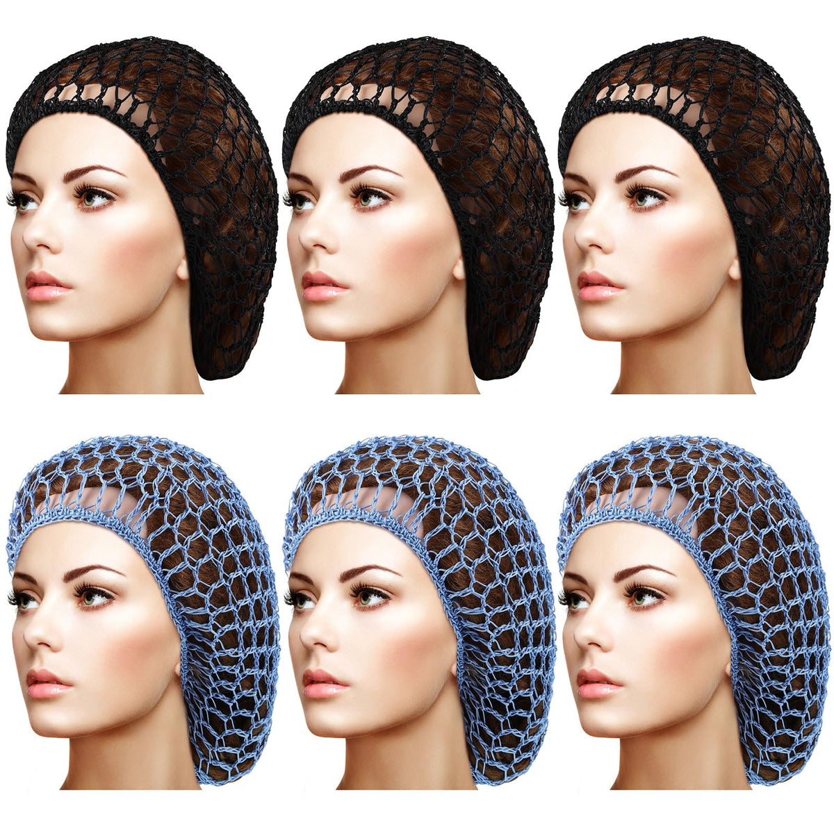 Geyoga 6 Pieces Hair Net Snoods For Women - Soft Rayon Knit Crochet Hair Cover (Black, Blue)