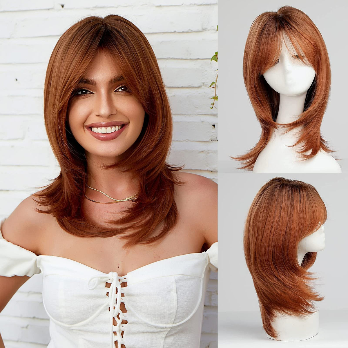 Haircube Auburn Long Layered Wig For Women, Heat Resistant Synthetic Fiber With Bangs