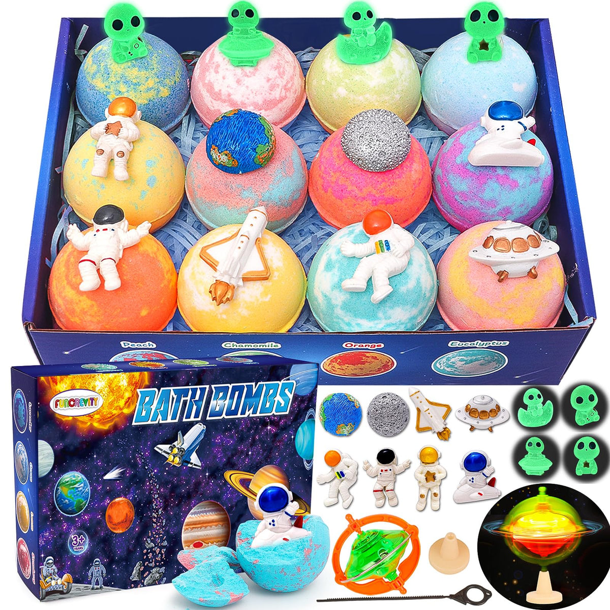 Funcrevity Bath Bombs For Kids - 12 Pack Organic Fizzies With Surprise Toys - Perfect Gifts