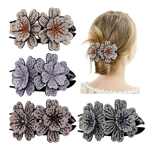 Insowni 4 Pack Rhinestone Double Flower Hair Claw Clips - Sparkly Hair Accessories For Women