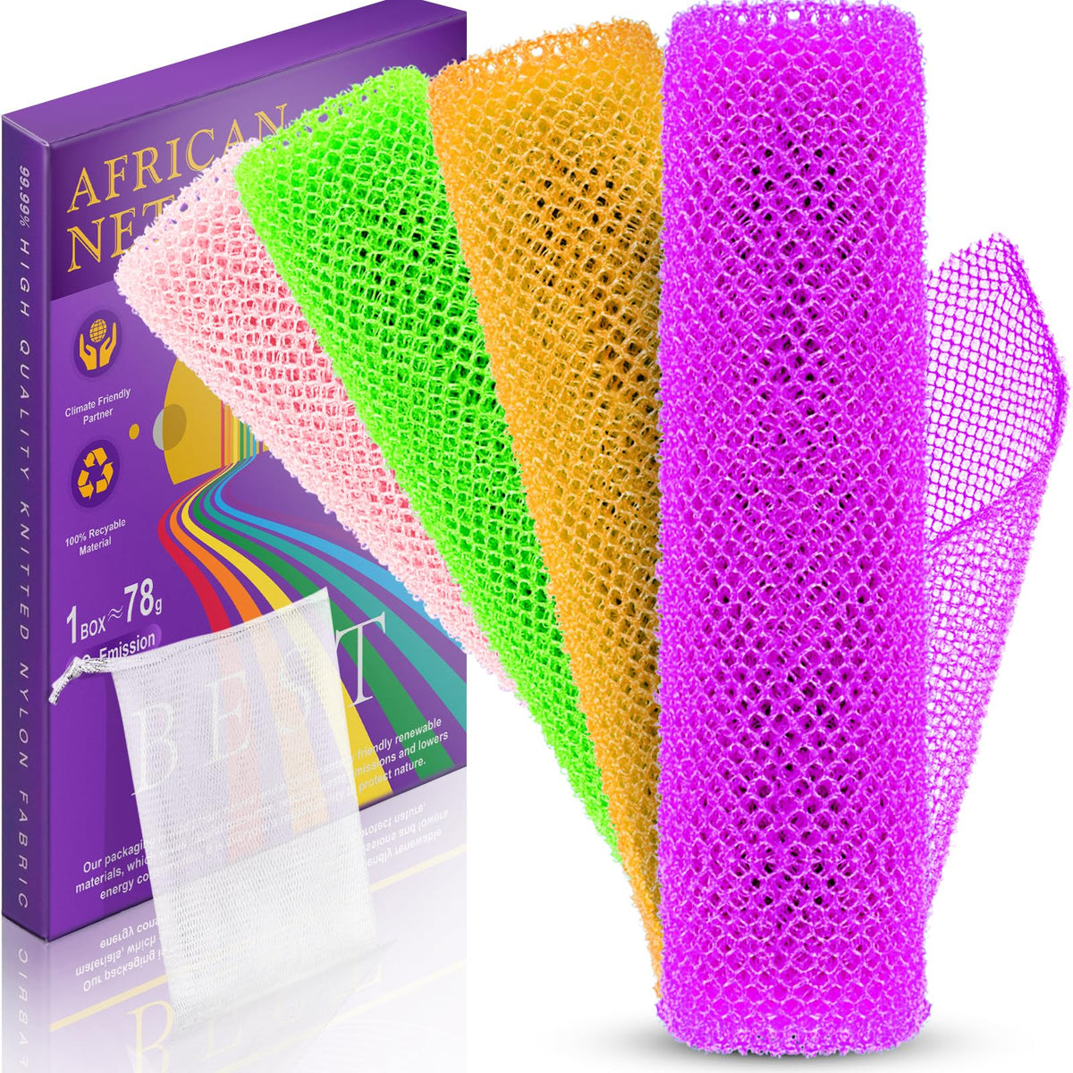 Riuota African Bath Sponge Set - 4 Colors, Exfoliating Nylon Bath Net For Silky Smooth Skin