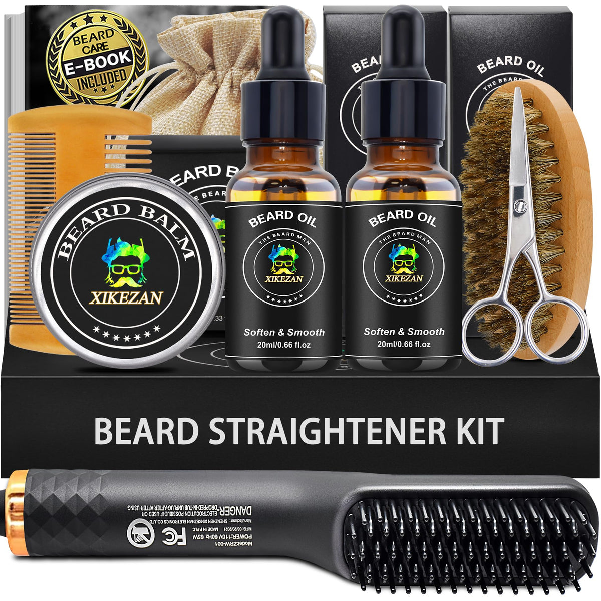 Xikezan Beard Grooming Kit - 13 Piece Set With Straightener, Oil, Balm, Comb & Scissors, Black