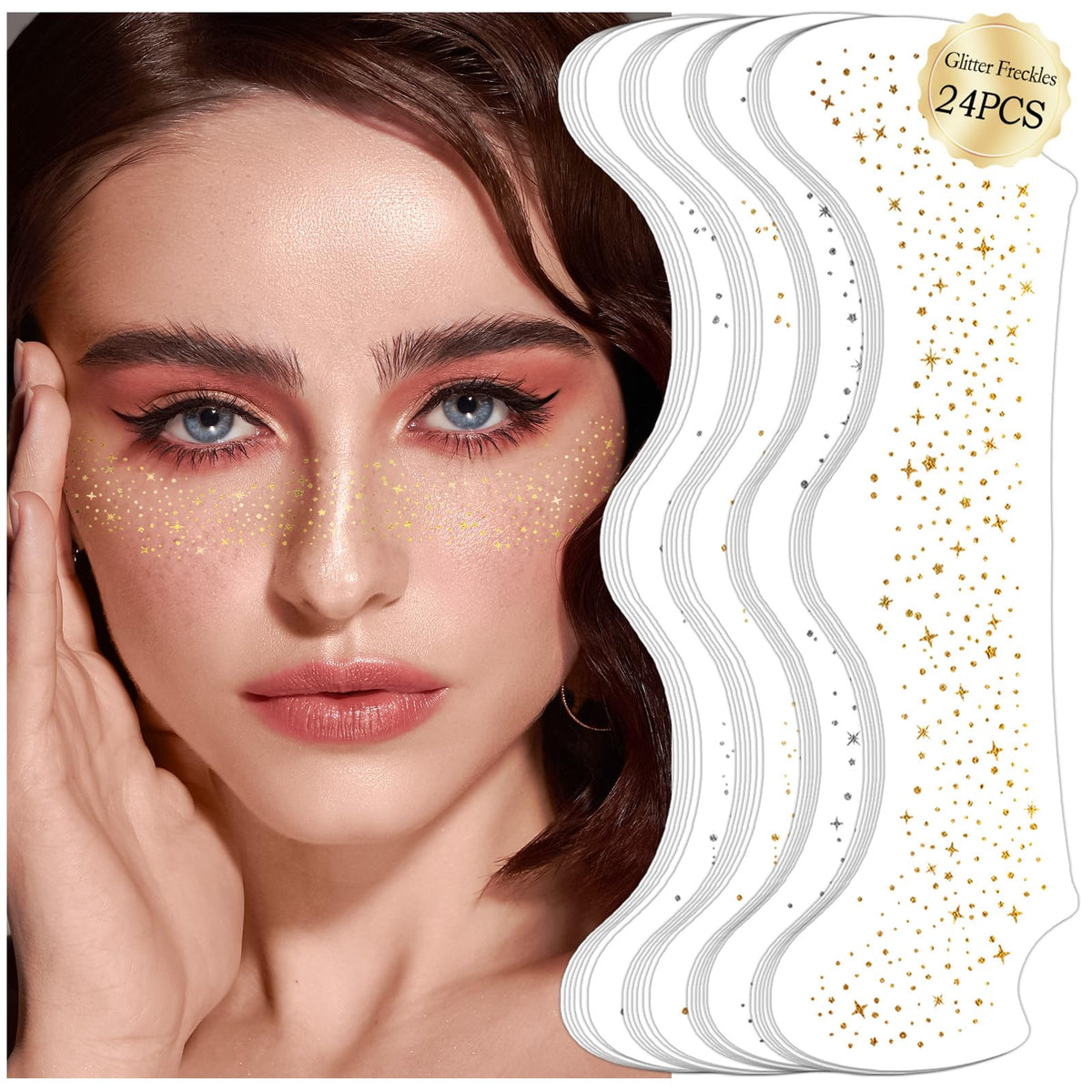 Weipbwor Gold & Silver Glitter Freckles Face Tattoo - 24 Sheets Waterproof Temporary Makeup Patches