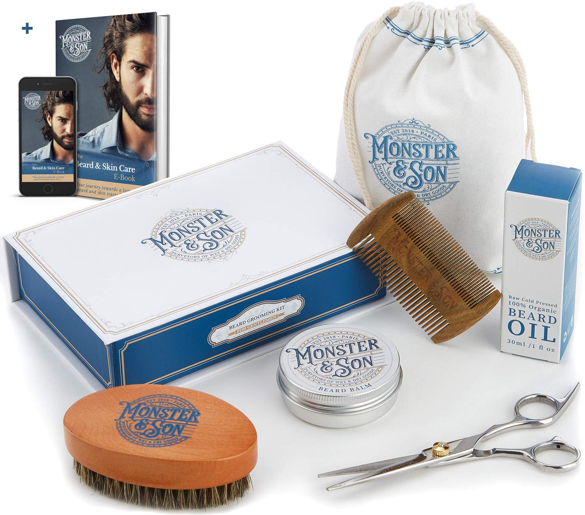 Monster&Son 7-Piece Organic Beard Kit - Oil, Balm, Brush, Comb, Scissors, Travel Bag, Gift Box