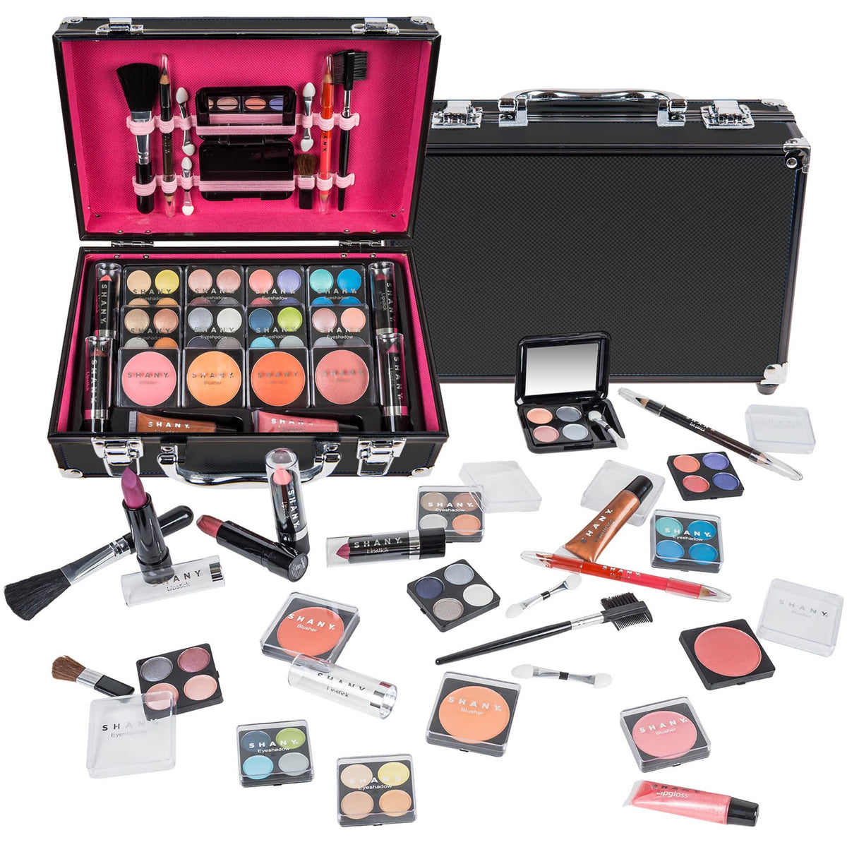 Shany Makeup Train Case Set - Pro Brushes, Lipsticks, Eye Shadows & Organizer - Black