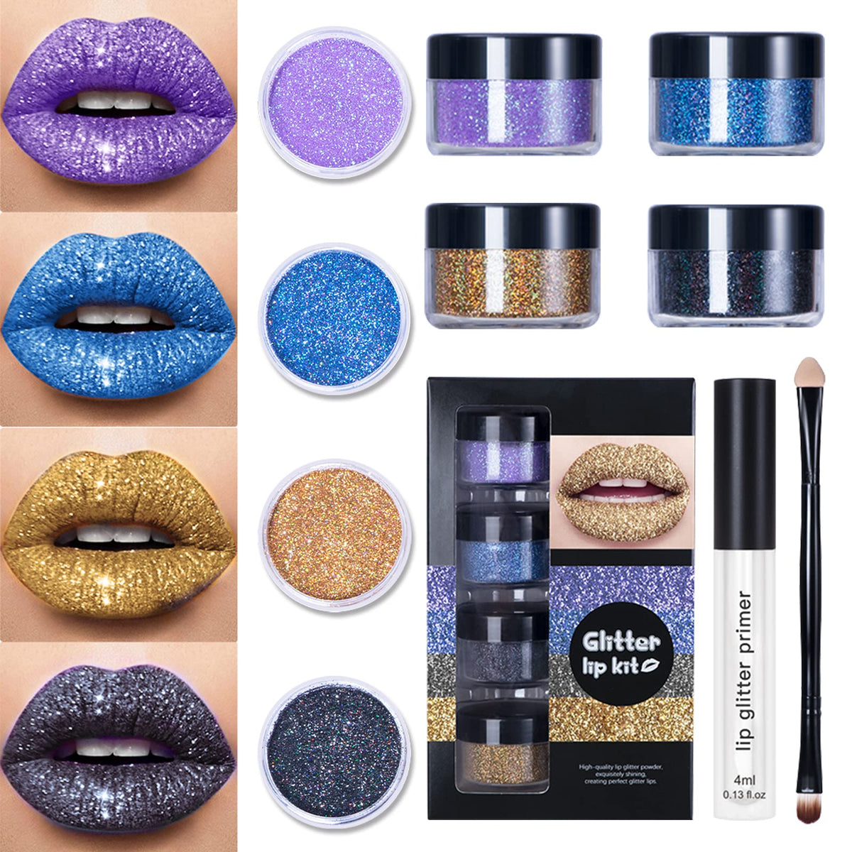 Lokfar Glitter Lip Kit - Waterproof Metallic Lipstick & Gloss, Set B Cool Color, Long Lasting