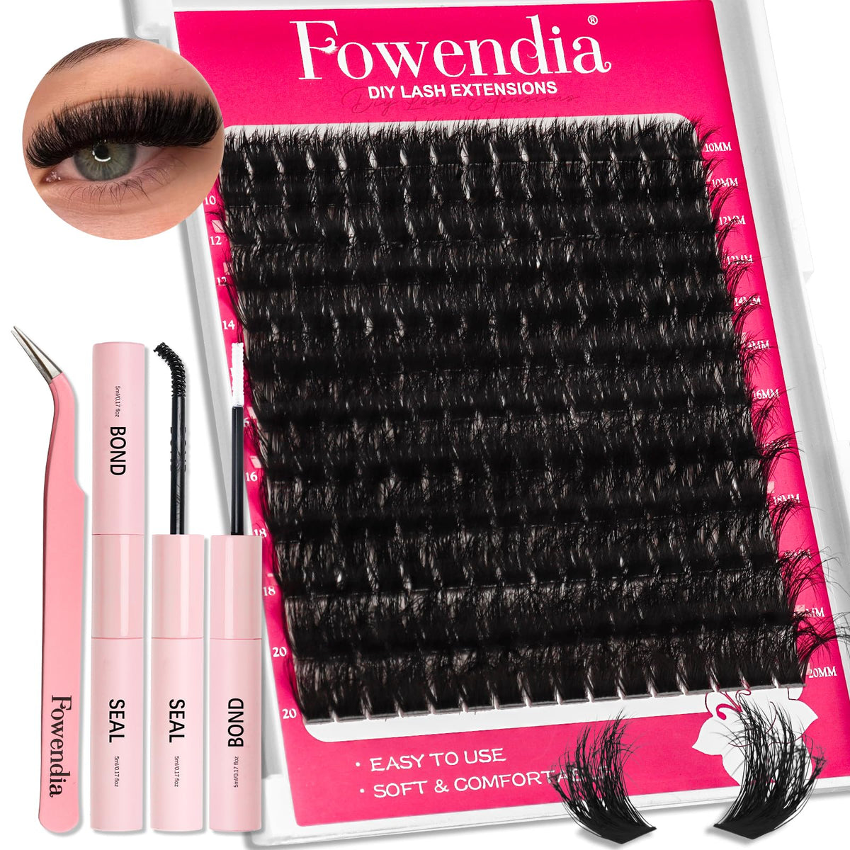 Fowendia 200D Lash Clusters Kit - Fluffy D Curl Individual Lashes, Diy Extension, Waterproof