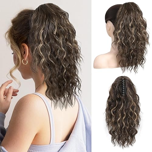 REECHO 14&quot; Claw Clip Ponytail Extension - Wavy Curly Synthetic Hair - Chocolate Brown with Blonde Highlights