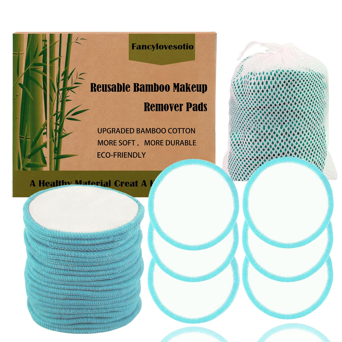 Fancylovesotio 30 Pack Reusable Makeup Remover Pads - Blue Bamboo Cotton Rounds With Bag