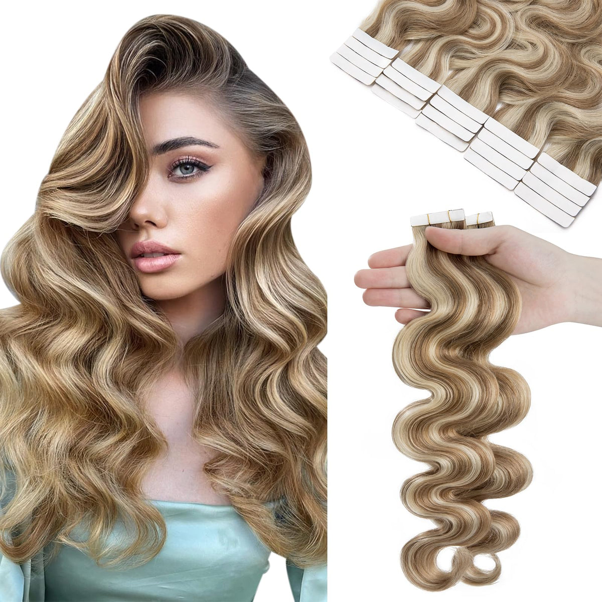 Hairro 22&quot; Tape In Human Hair Extensions, Body Wave, 50G, Highlight #12/613, Balayage