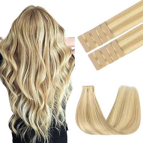 GOO GOO 14&quot; Tape in Hair Extensions - Human Hair, 25g, 10pcs, Dirty Blonde Highlights