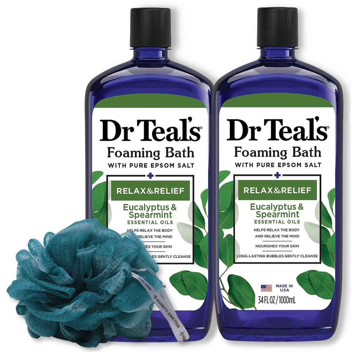 Dr. Teal'S Eucalyptus & Spearmint Foaming Bath 34Oz (2 Pack) + Premium Bath Sponge