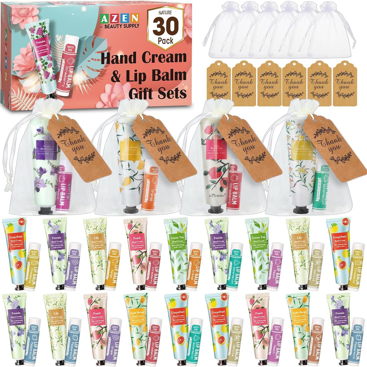 Azen 30 Sets Hand Cream & Lip Balm Bulk - Bridal Shower Gifts With Organza Bag & Thank You Card