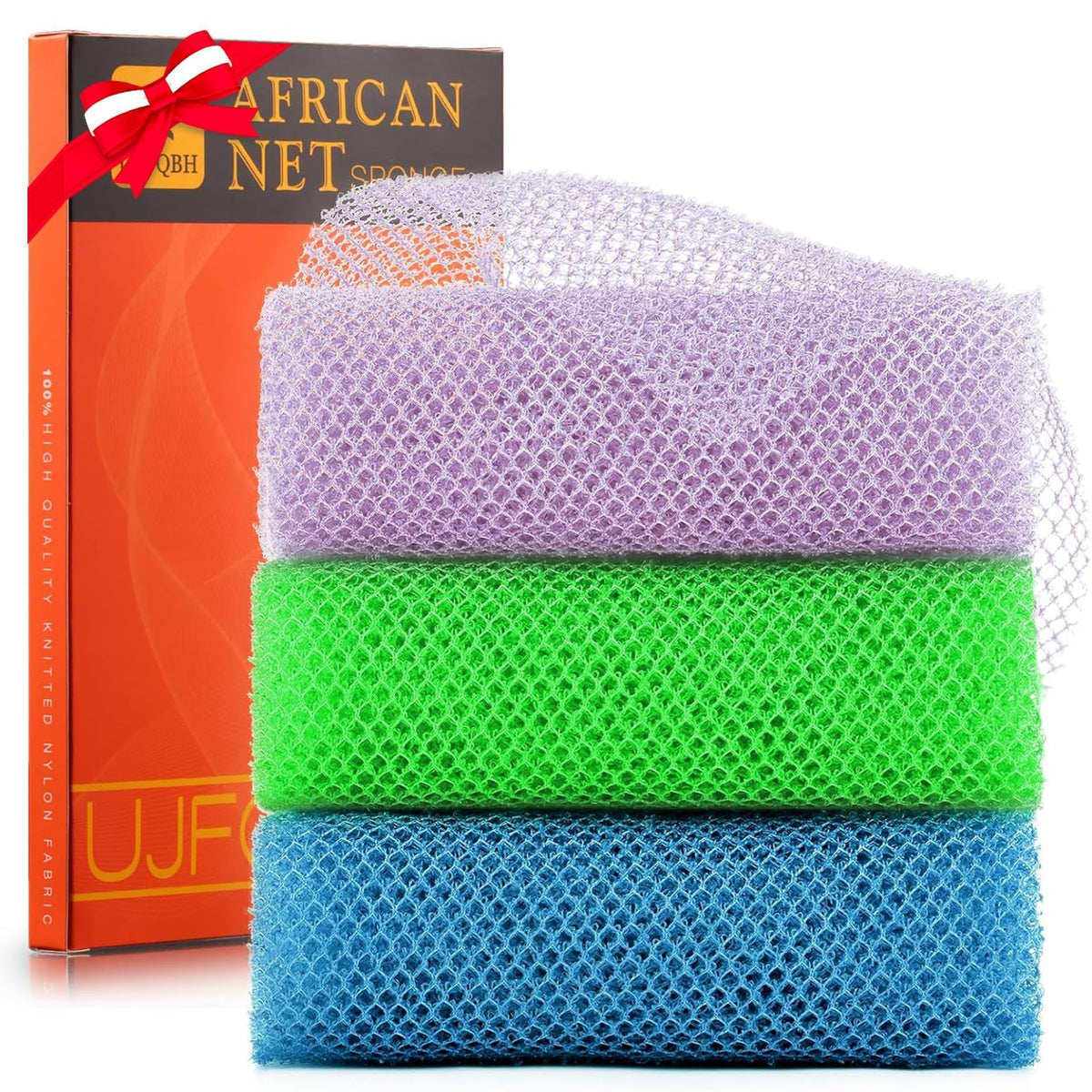 Ujfqbh 3 Pieces African Exfoliating Net Bath Sponge - Purple, Blue, Green, Skin Smoother