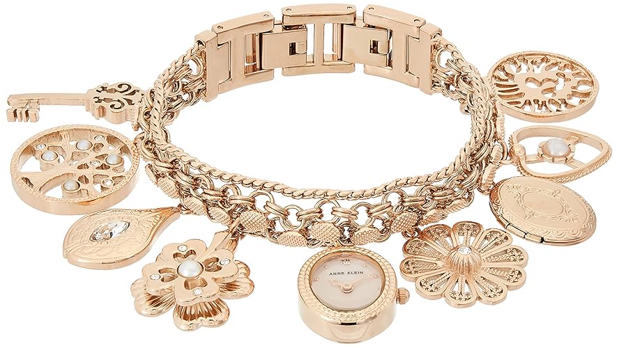 Anne Klein Rose Gold Charm Bracelet Watch With Premium Crystal Accents, 7.9Cm