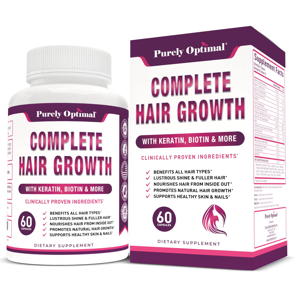 Purely Optimal Hair Growth Vitamins For Women & Men With Biotin & Keratin - 60 Capsules