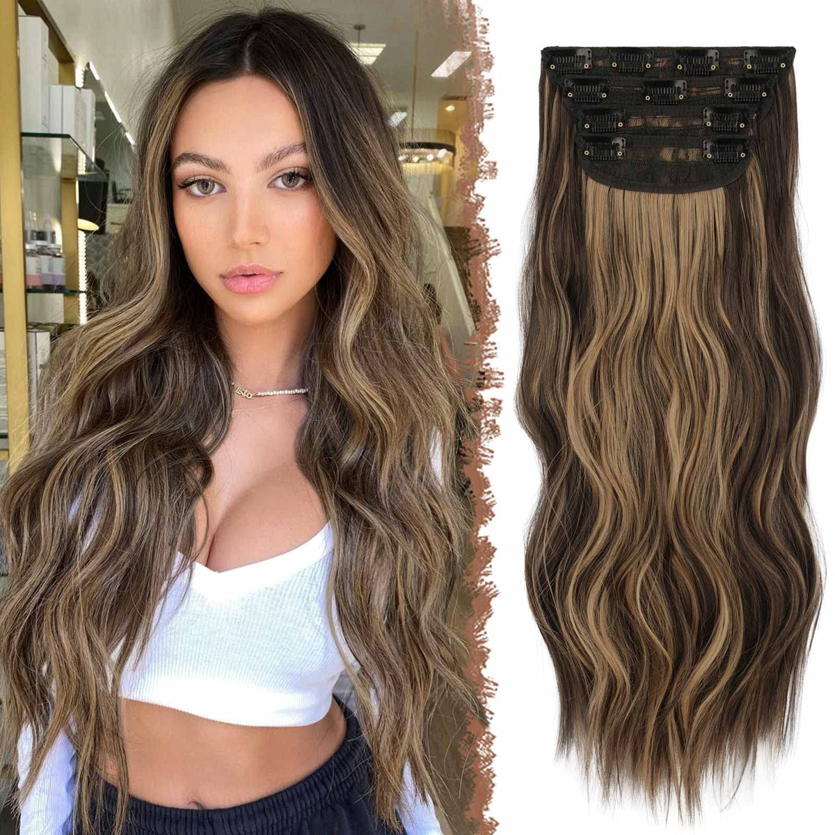 Feshfen 20&quot; Clip In Hair Extensions - Brown Highlighted Caramel Blonde, Thick Wavy Synthetic Hair