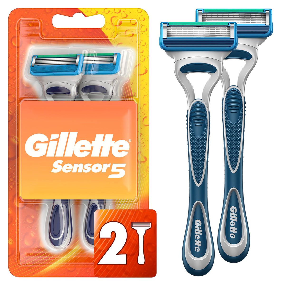 Gillette Sensor5 Men'S Disposable Razors - 2 Count, Blue, Rubber Grip, Superior Shaving Comfort