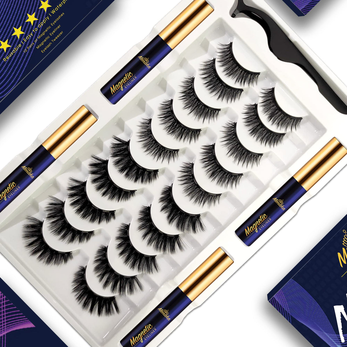 Menaka Magnetic Eyelashes Kit - 10 Pairs Reusable Lashes With Waterproof Eyeliner, Strong Hold