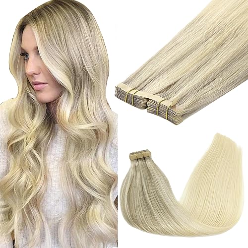 GOO GOO 14&quot; Tape in Hair Extensions, 100g, Balayage Ash Blonde to Golden Blonde, Human Hair,