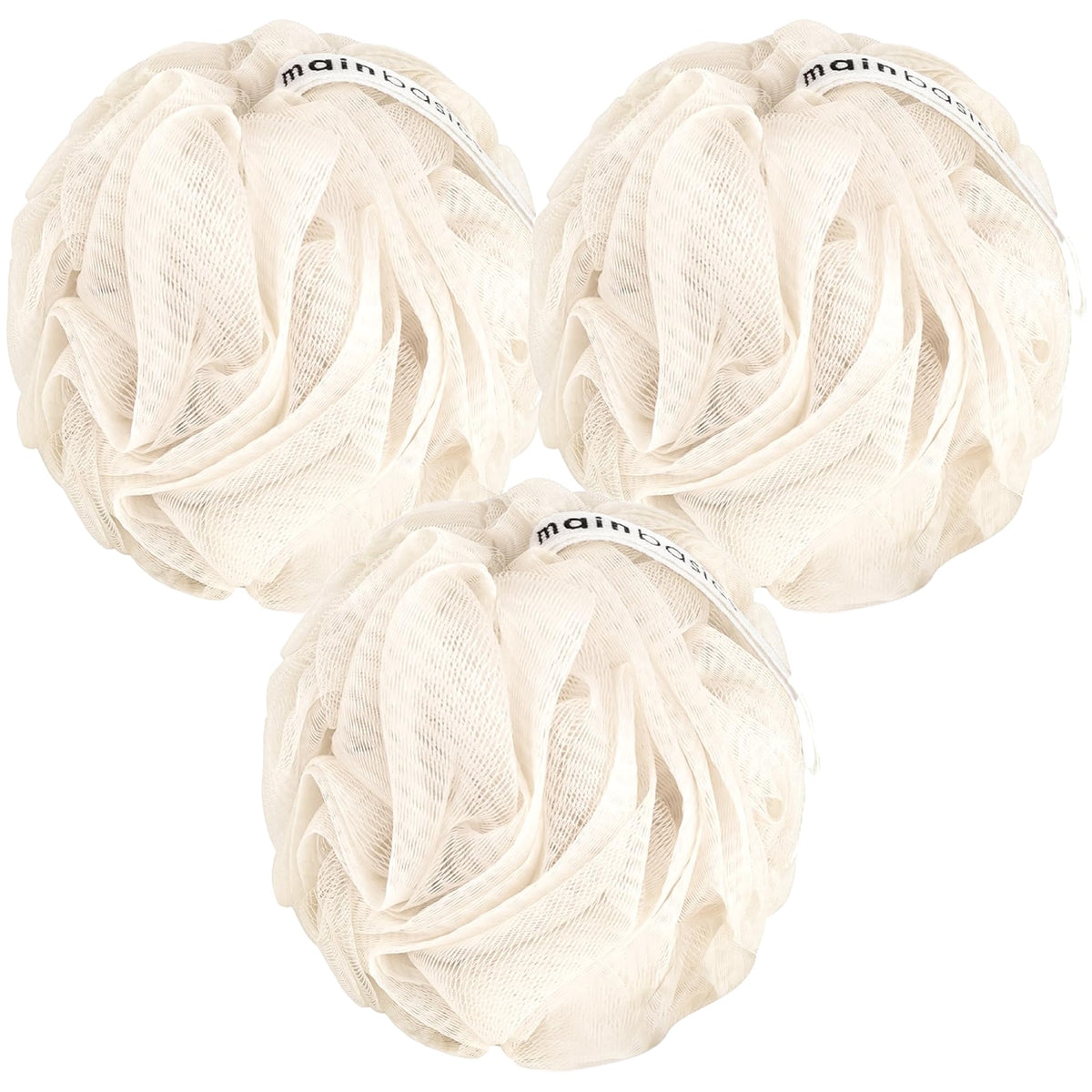 Mainbasics Seaweed Infused Loofah Sponge Pouf - 3 Count Body Wash Scrubber, Ivory