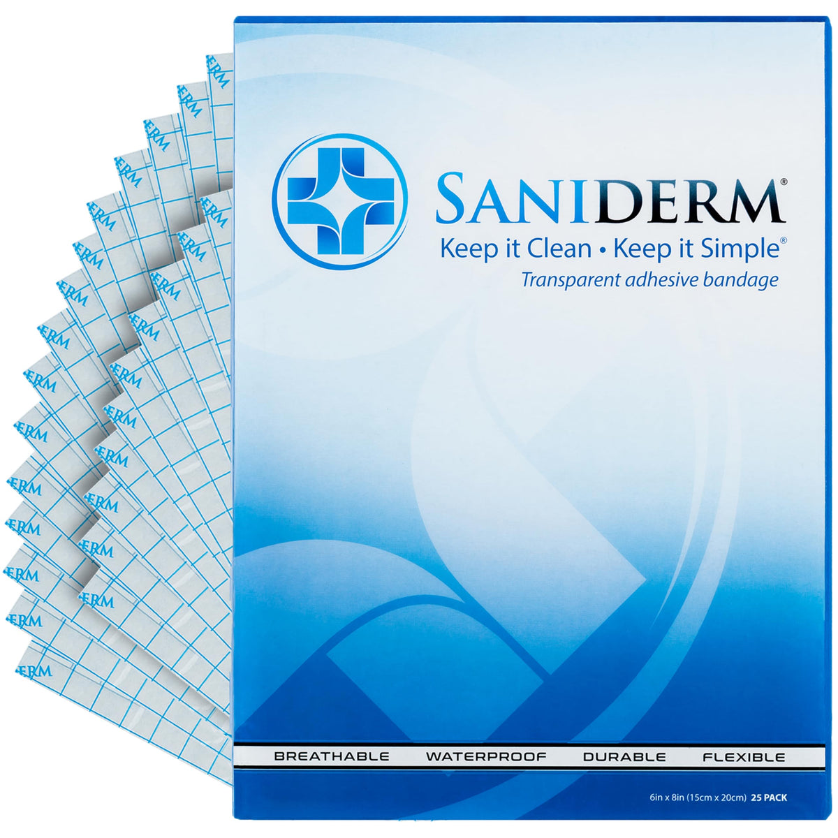 Saniderm Tattoo Aftercare Bandage, 25 Pack, Sterile, Waterproof, Latex-Free, 6&quot;X8&quot;