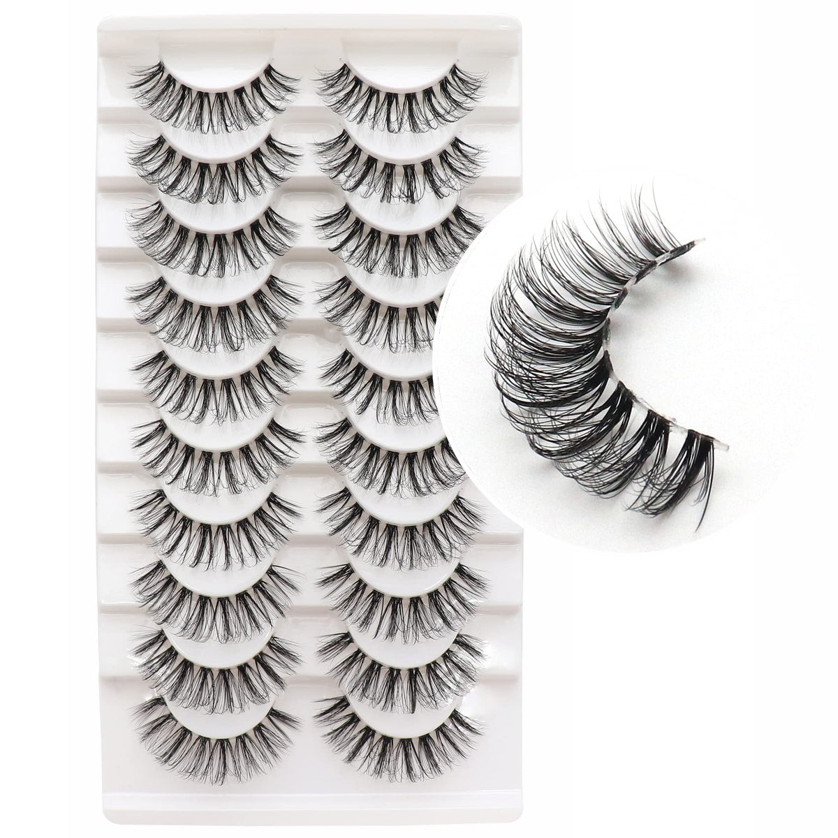 Veleasha D Curl Russian Strip Lashes - 10 Pairs Pack, Clear Band, Looks Like Extensions, Black