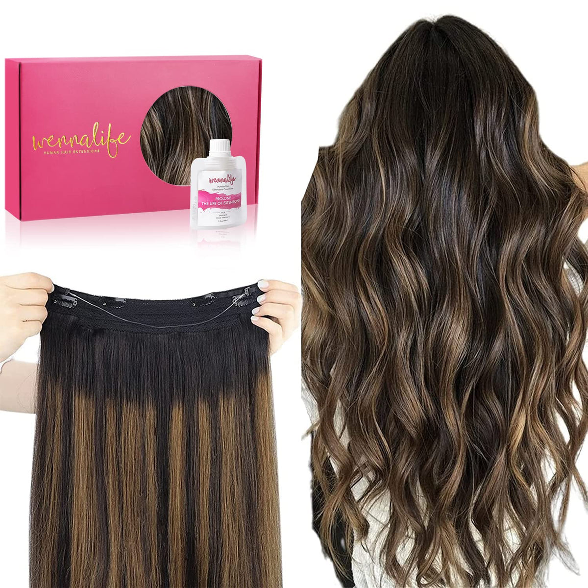 WENNALIFE 16&quot; Wire Hair Extensions - Real Human Hair, Natural Black to Chestnut Brown, 95g