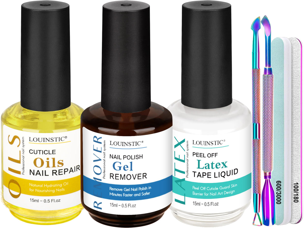 Louinstic Gel Nail Polish Remover Kit With Cuticle Oil & Latex Tape - Quick 2-5 Minute Removal