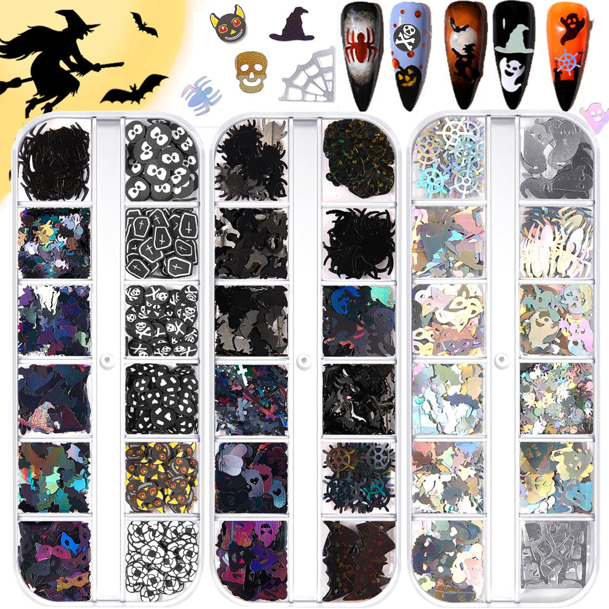 Wsimily Halloween Nail Art Glitter Sequins - 3D Holographic Pumpkins, Skulls & More For Acrylic Nails