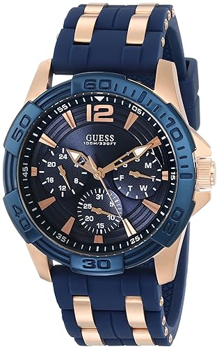 Guess Blue Silicone & Rose Gold Stainless Steel Watch With Day/Date, Military Time, Model U0366G2