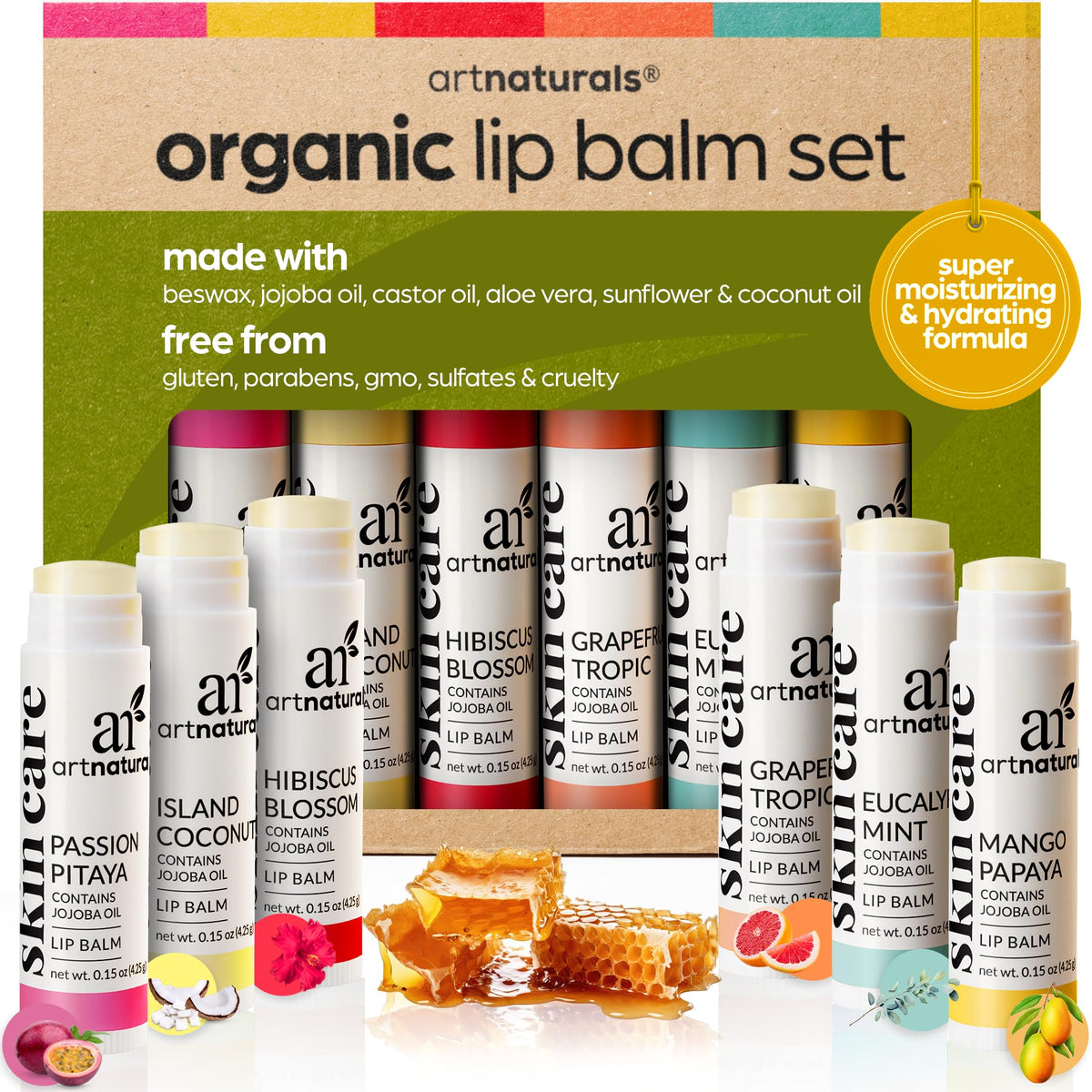 Artnaturals Organic Beeswax Lip Balm Gift Set - 6 Assorted Flavors With Aloe & Oils