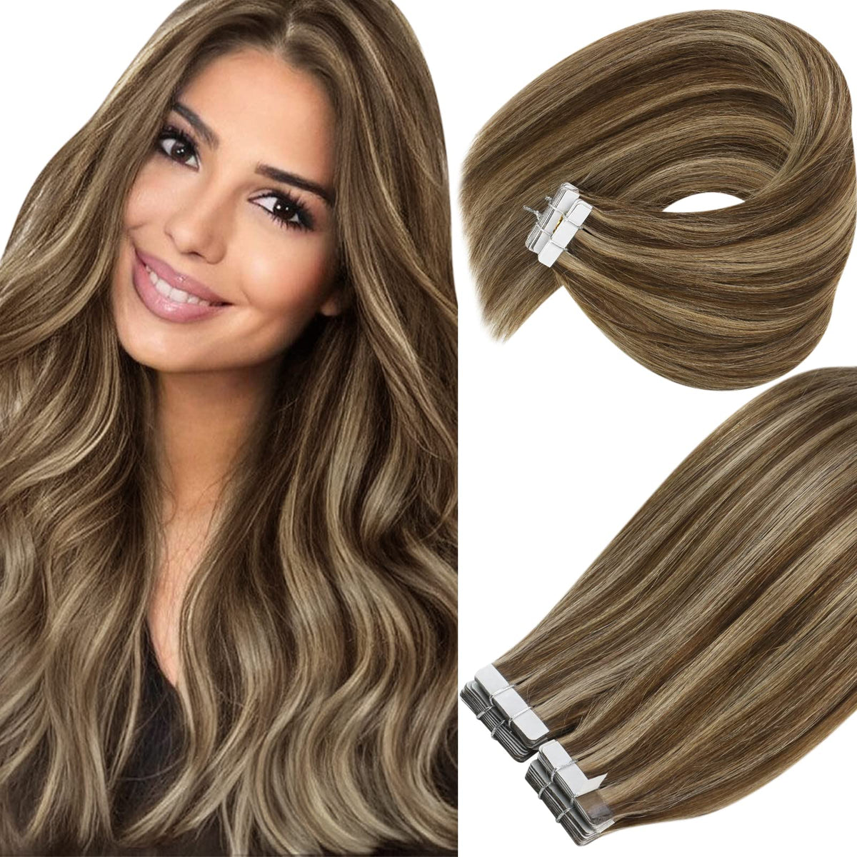 Ve Sunny Tape In Hair Extensions 12&quot; 20Pcs Brown Highlights Real Human Hair Silky Straight