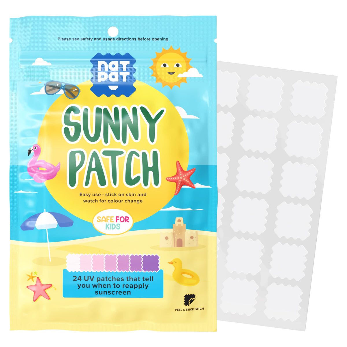 Buzzpatch Sunny Patch Uv Detection Stickers - Color Changing Sunburn Prevention, 24 Count