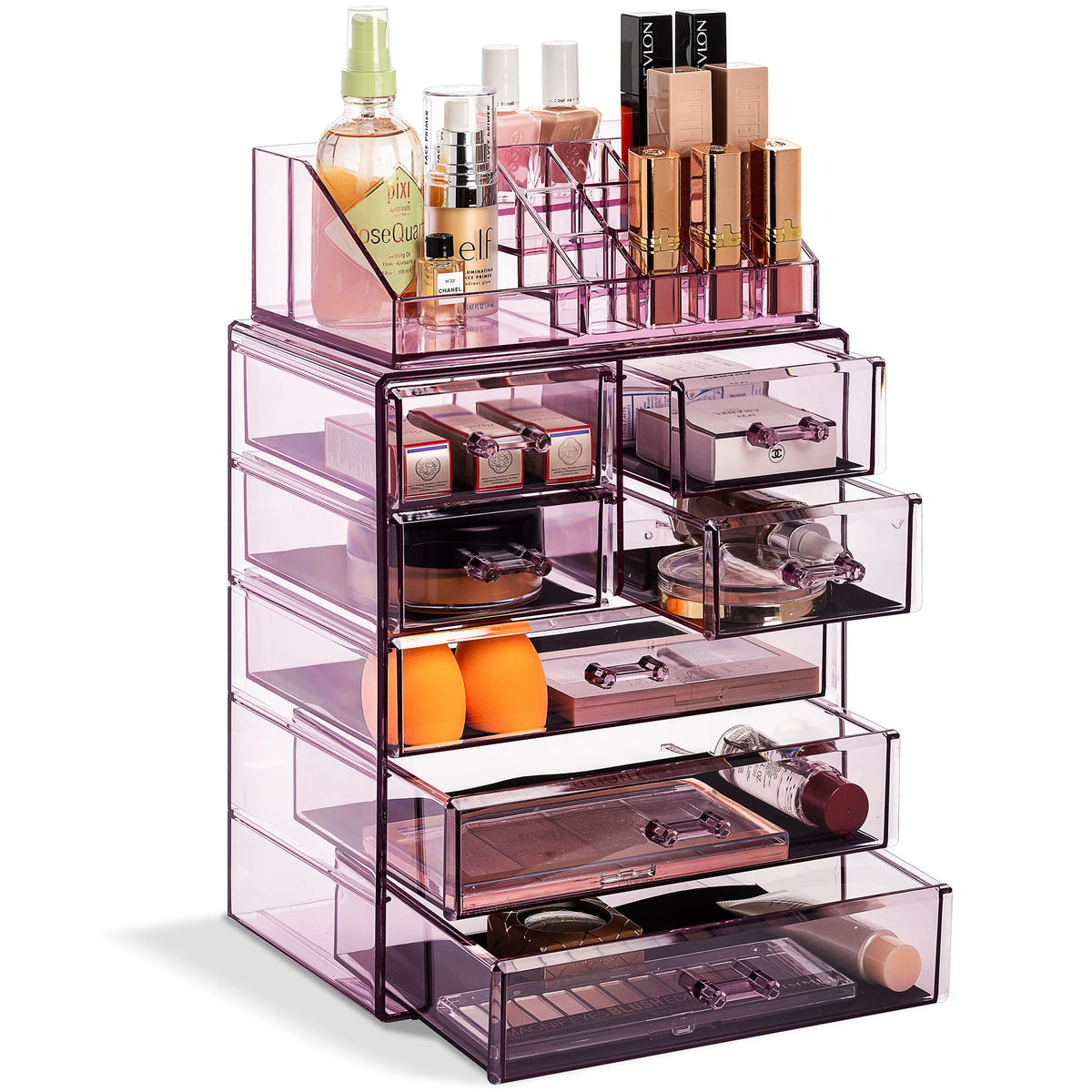 Sorbus Purple Acrylic Cosmetic Makeup Organizer - 3 Large & 4 Small Drawers For Dresser & Vanity