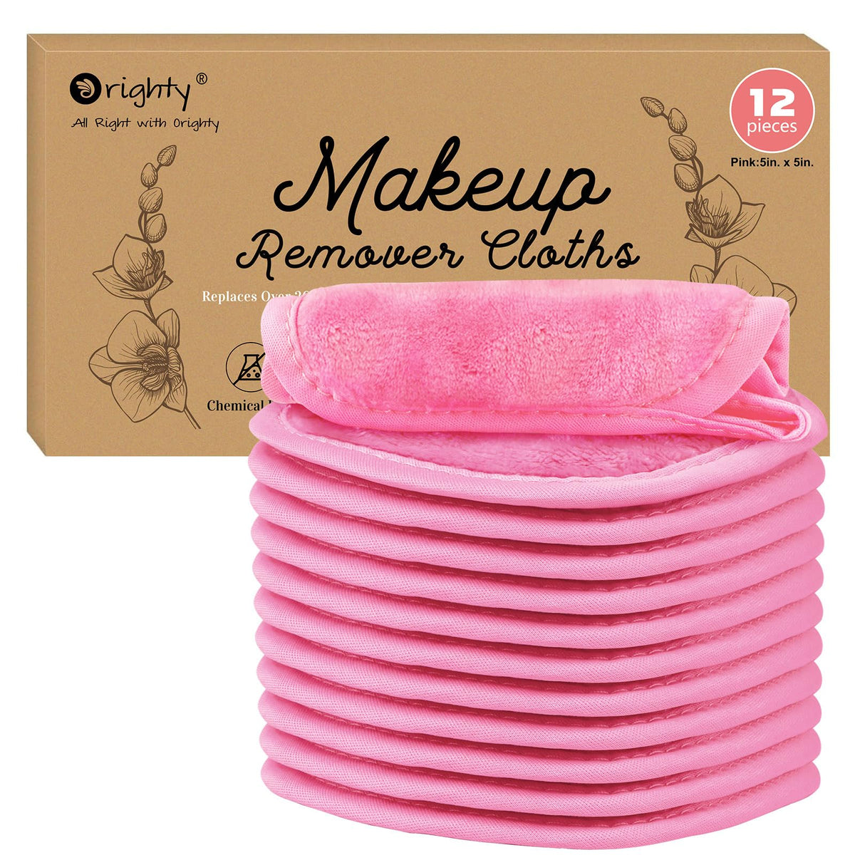 Orighty Makeup Remover Cloths - 12 Pack Reusable Microfiber Cleansing Pads, Pink, 5X5 In