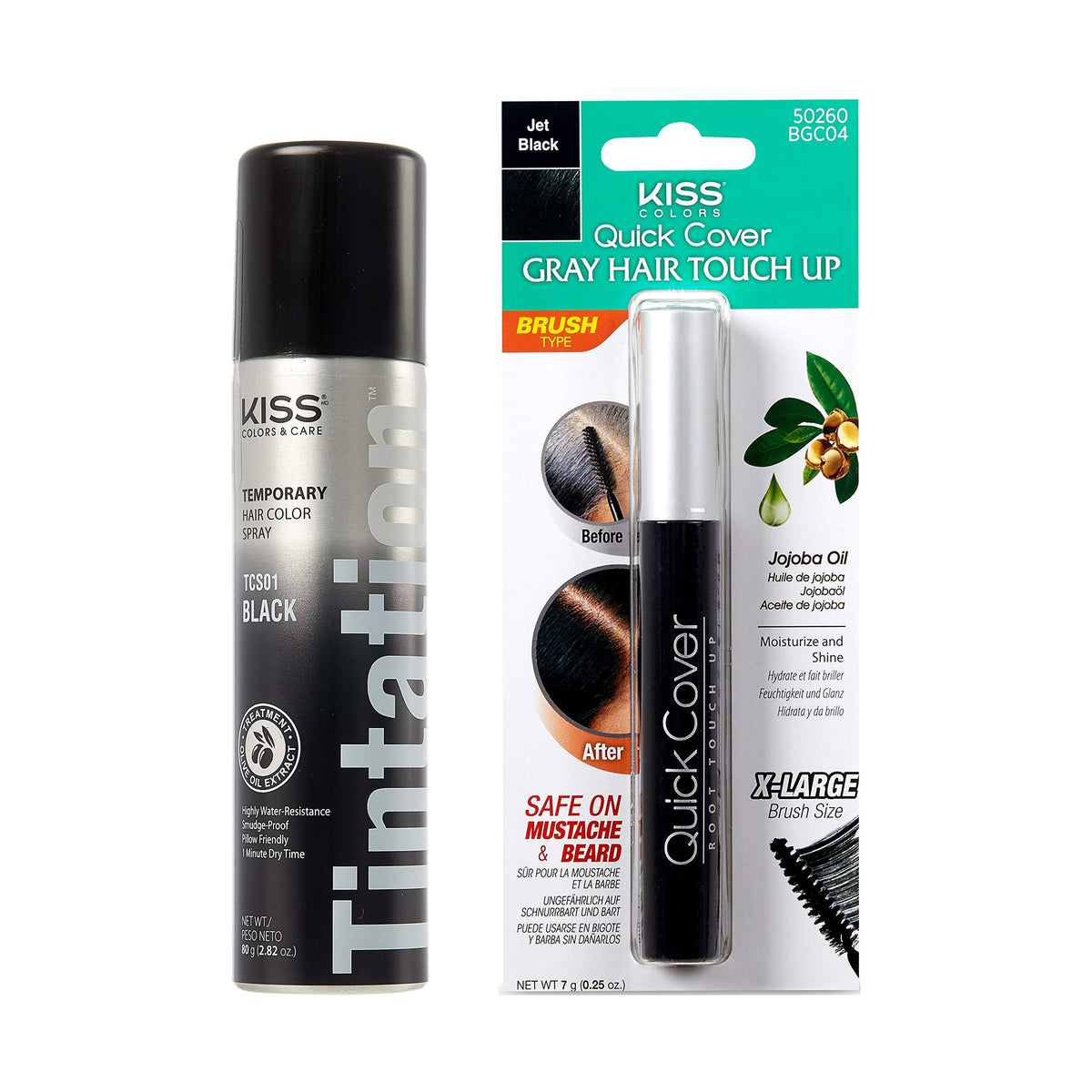 Kiss Tintation Gray Concealer Spray & Mascara - Water-Resistant Temporary Hair Color (Black)