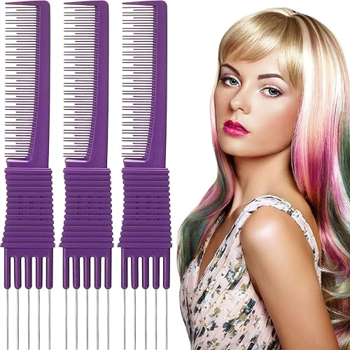 Leinuosen 3 Pack Purple Carbon Lift Teasing Combs with Metal Prong for Hair Styling